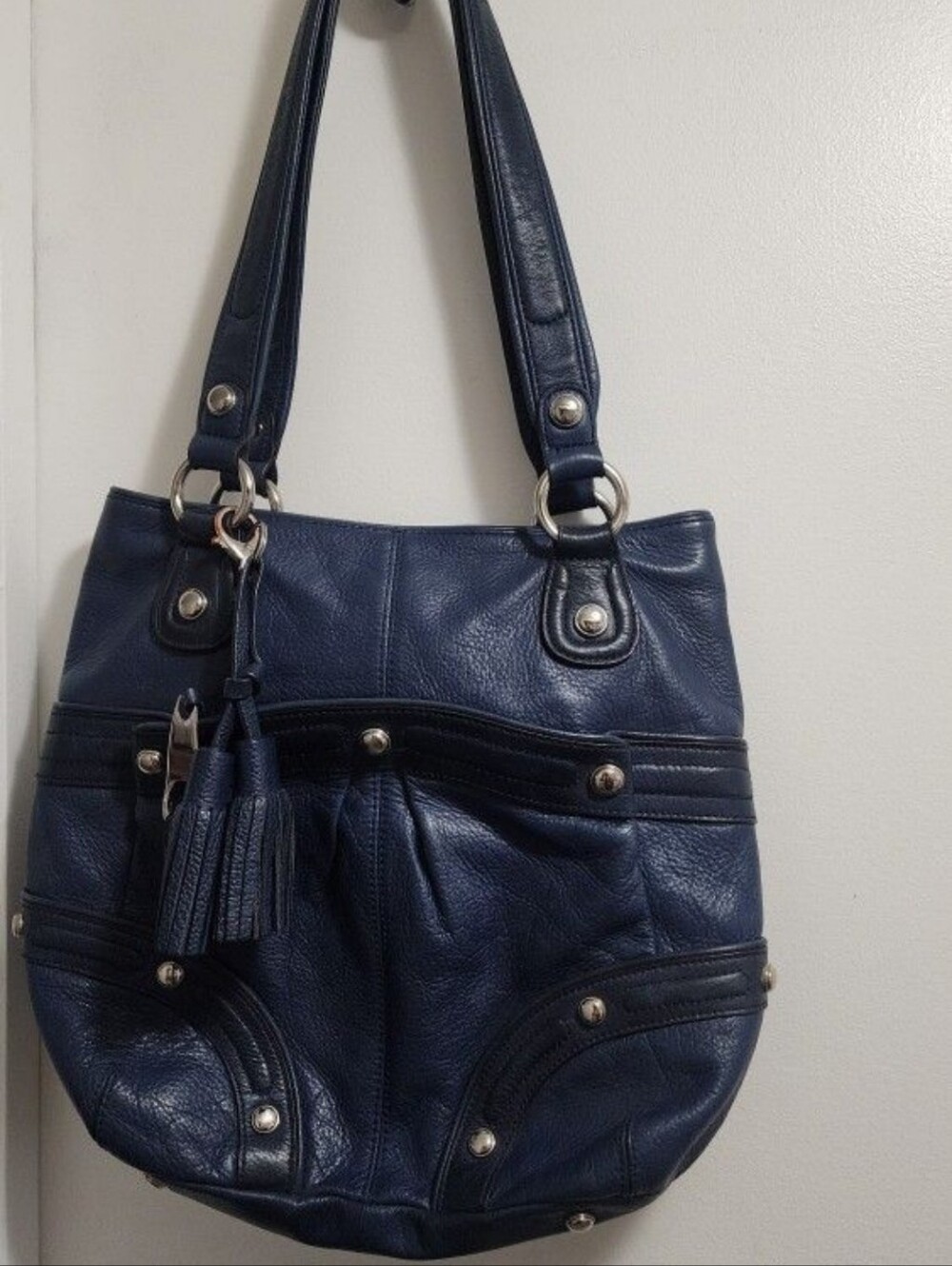 B Makowski Classic Navy Leather Tote Bag with Tassel
